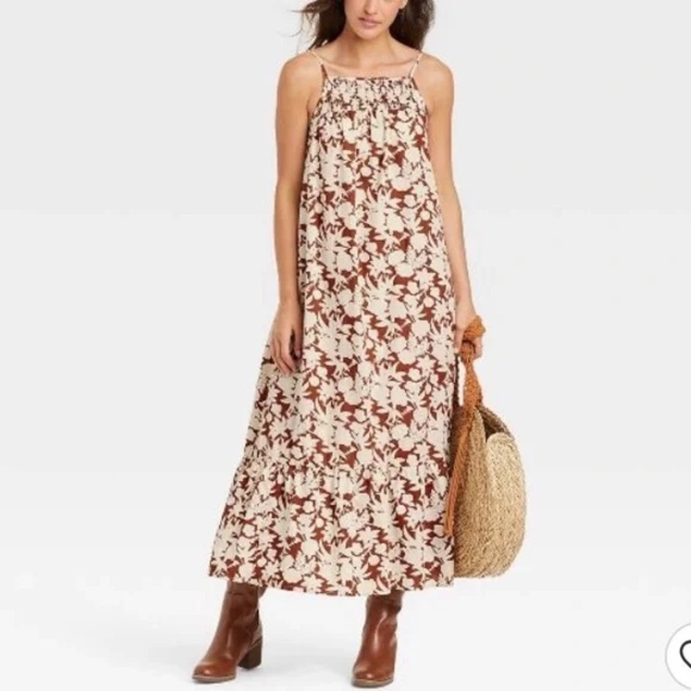 Universal Thread Floral Midi Dress in Brown and Cream